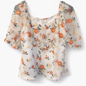 Embroidered Floral Puff-Sleeve Blouse - White with Orange Flowers Size Large